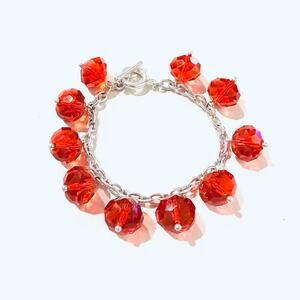 Red Glass Beads Silver Toggle Bracelet